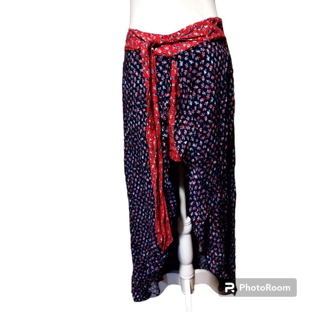 xhilaration M Maxi Skirt High Low Red Blue Floral Western. Dimensions wa… - Picture 2 of 5